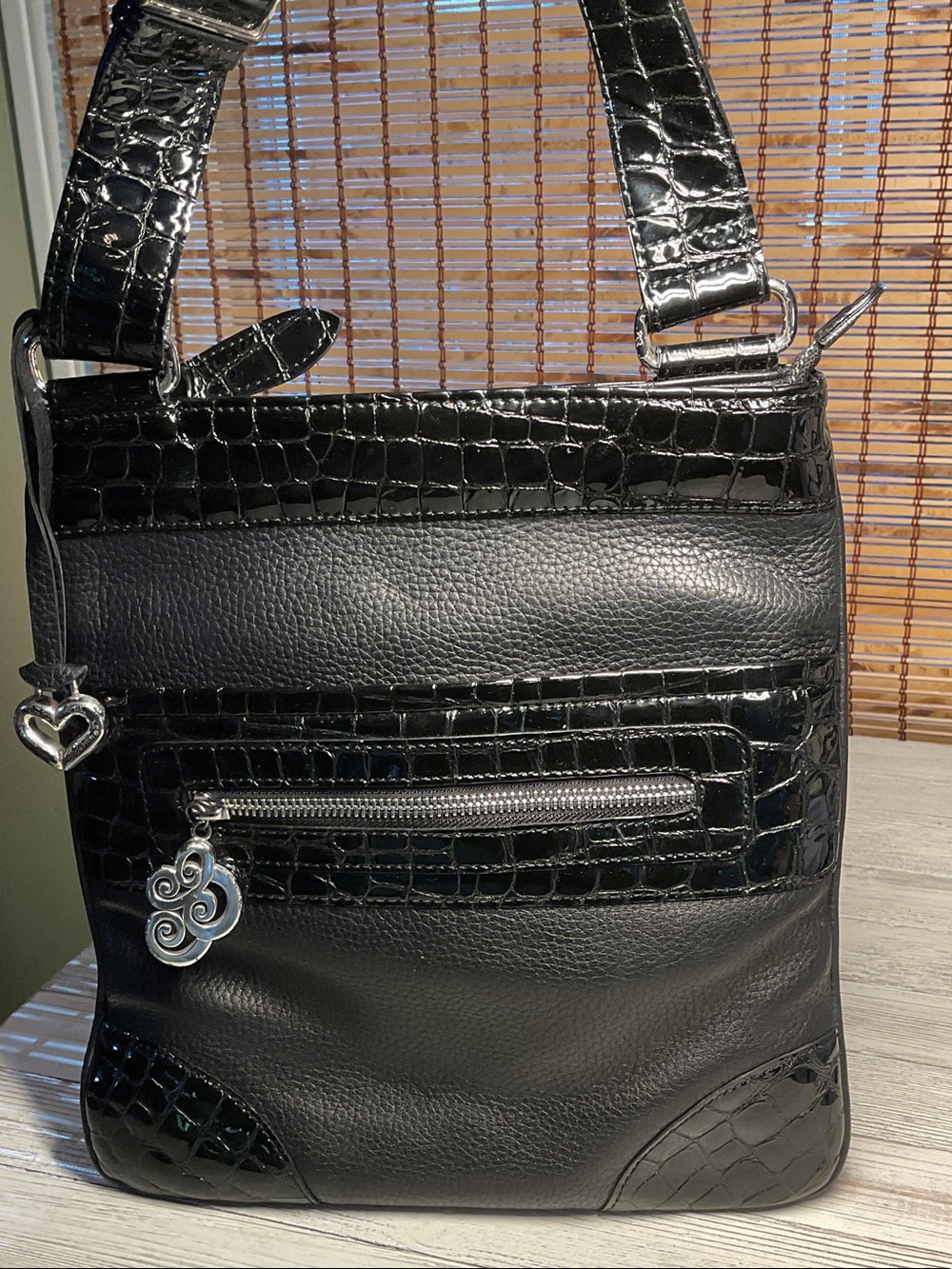 BRIGHTON Crossbody Purse Black Croc Embossed Full  Leather Shoulder Hand Bag